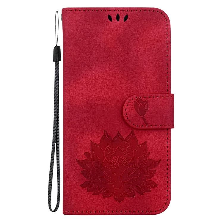 For iPhone 16e Case PU Leather Lotus Imprinted Phone Cover with Strap - Red