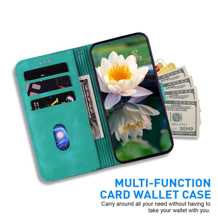 For iPhone 16e Case PU Leather Lotus Imprinted Phone Cover with Strap - Green