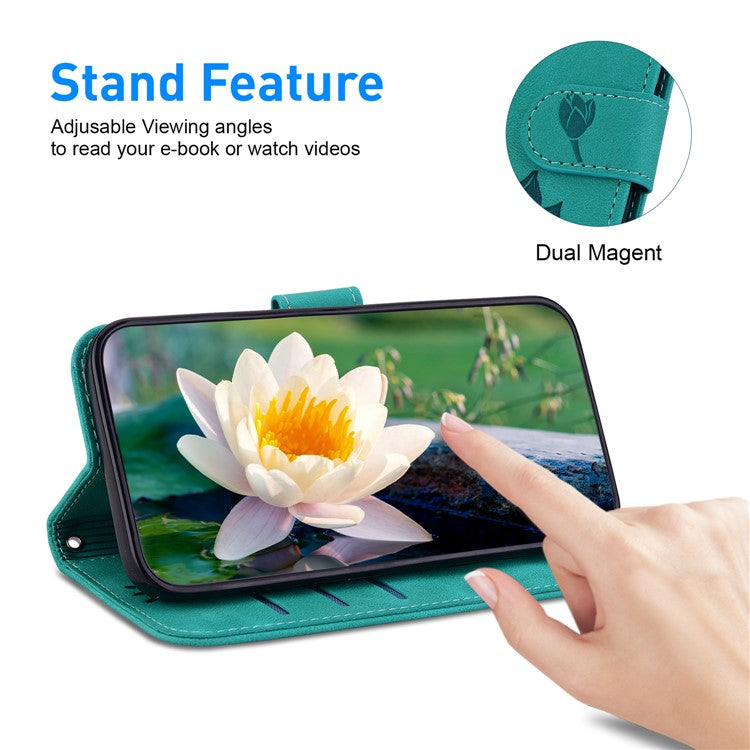 For iPhone 16e Case PU Leather Lotus Imprinted Phone Cover with Strap - Green