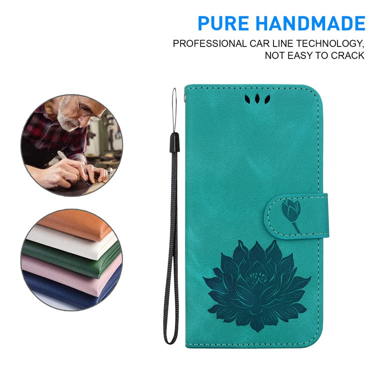For iPhone 16e Case PU Leather Lotus Imprinted Phone Cover with Strap - Green