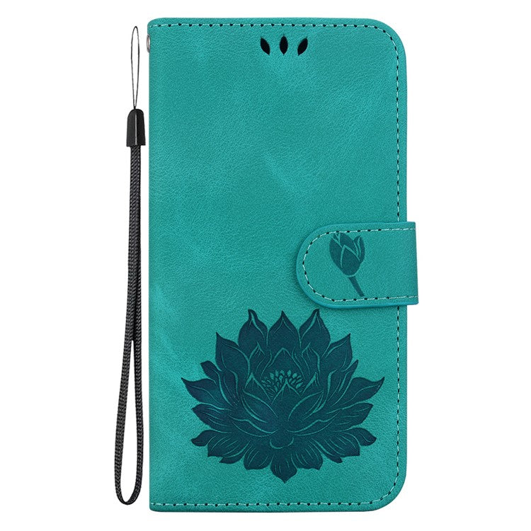 For iPhone 16e Case PU Leather Lotus Imprinted Phone Cover with Strap - Green