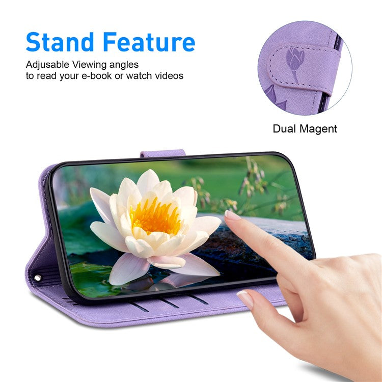 For iPhone 16e Case PU Leather Lotus Imprinted Phone Cover with Strap - Purple