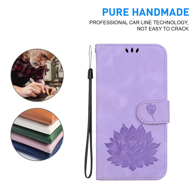 For iPhone 16e Case PU Leather Lotus Imprinted Phone Cover with Strap - Purple