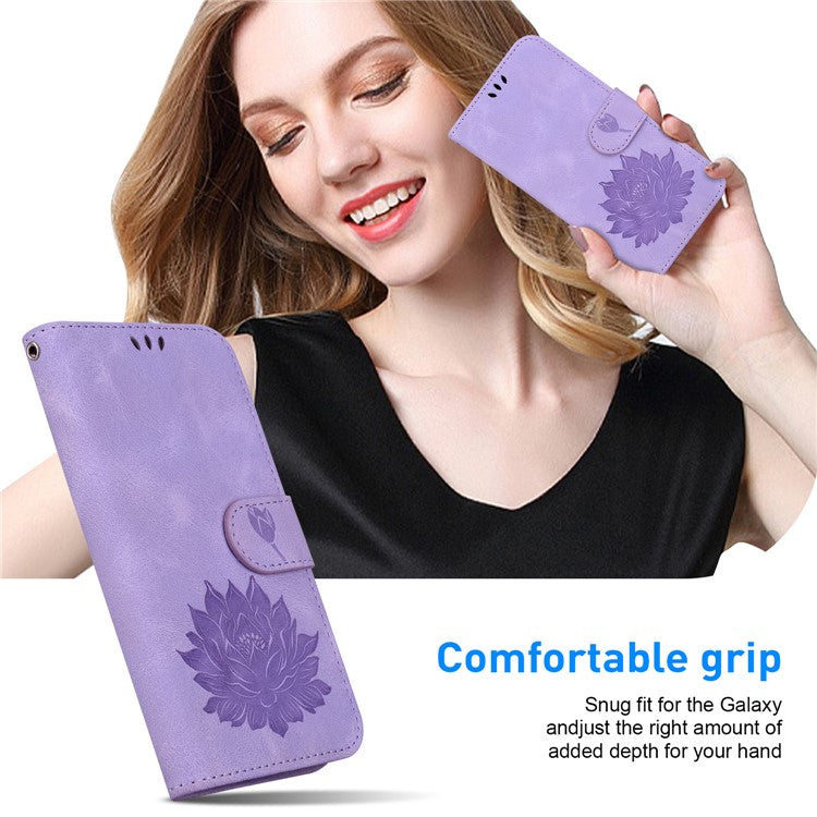 For iPhone 16e Case PU Leather Lotus Imprinted Phone Cover with Strap - Purple