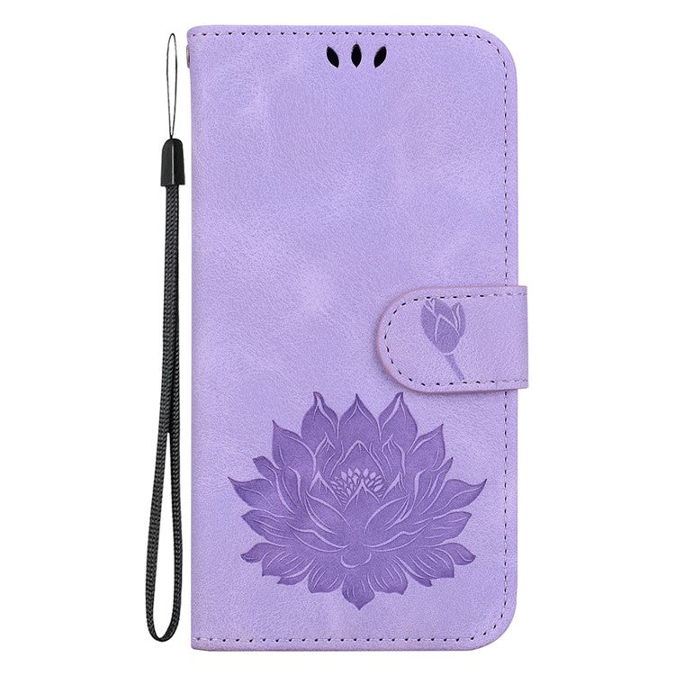 For iPhone 16e Case PU Leather Lotus Imprinted Phone Cover with Strap - Purple