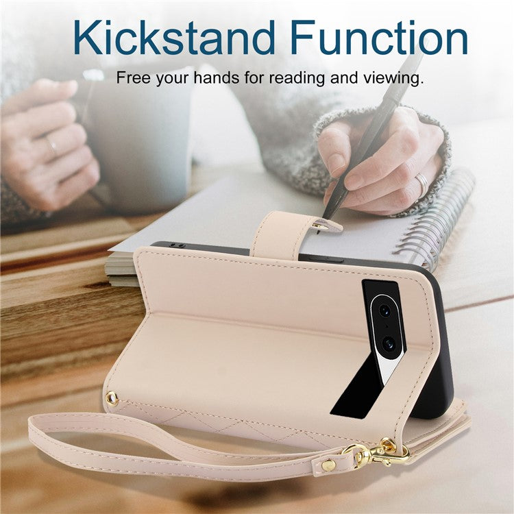 For Google Pixel 8 Case Chic Rhombus PU Leather Phone Cover with Shoulder Lanyard - Apricot