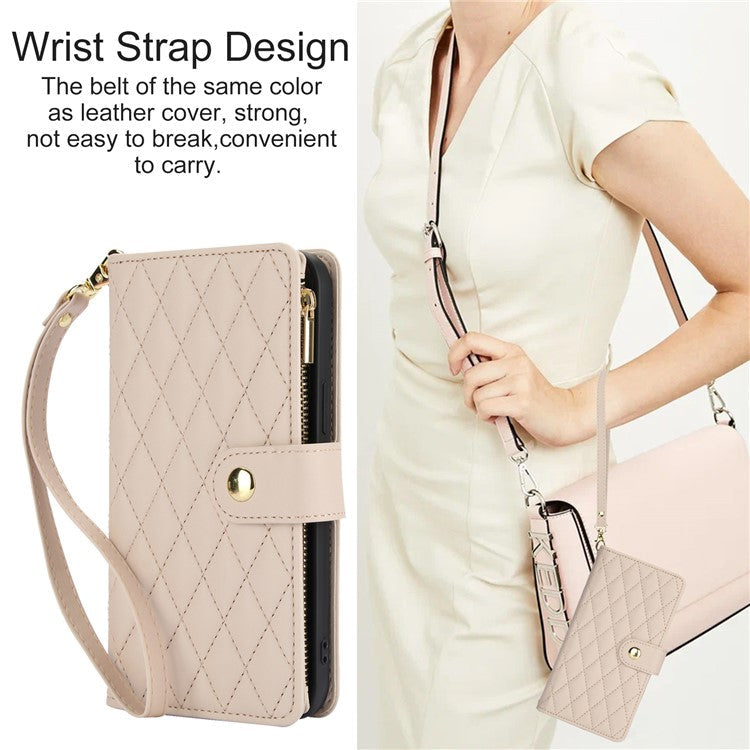 For Google Pixel 8 Case Chic Rhombus PU Leather Phone Cover with Shoulder Lanyard - Apricot