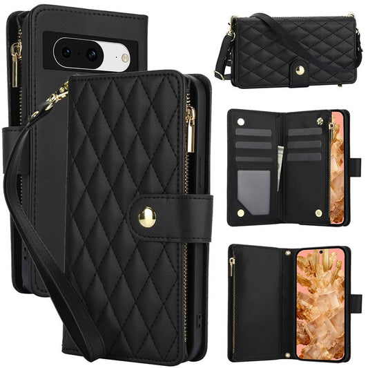 For Google Pixel 8 Case Chic Rhombus PU Leather Phone Cover with Shoulder Lanyard - Black