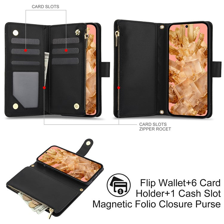 For Google Pixel 8 Case Chic Rhombus PU Leather Phone Cover with Shoulder Lanyard - Black