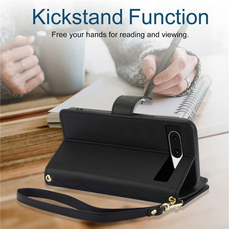 For Google Pixel 8 Case Chic Rhombus PU Leather Phone Cover with Shoulder Lanyard - Black