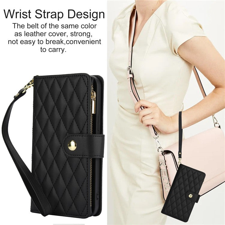 For Google Pixel 8 Case Chic Rhombus PU Leather Phone Cover with Shoulder Lanyard - Black