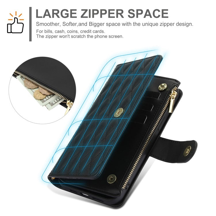 For Google Pixel 8 Case Chic Rhombus PU Leather Phone Cover with Shoulder Lanyard - Black