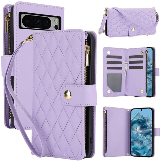 For Google Pixel 8 Pro Case Rhombus Zipper Leather Phone Cover with Shoulder Strap - Light Purple