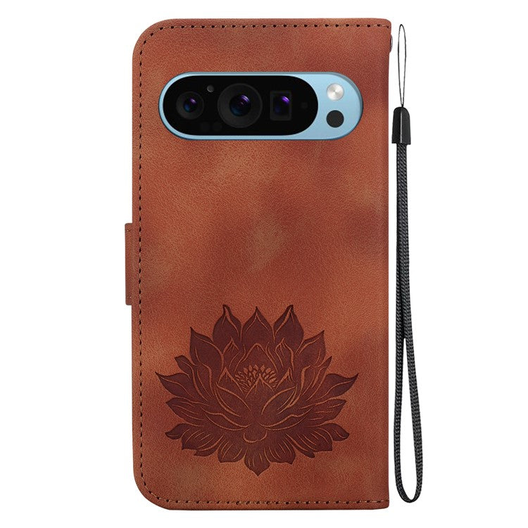 For Google Pixel 9 Pro XL Case Lotus Imprinted Leather Stand Phone Cover - Brown