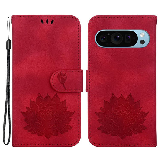 For Google Pixel 9 Pro XL Case Lotus Imprinted Leather Stand Phone Cover - Red