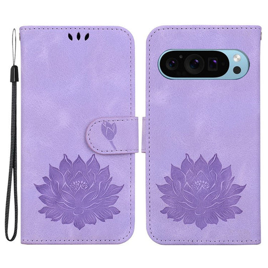 For Google Pixel 9 Pro XL Case Lotus Imprinted Leather Stand Phone Cover - Purple