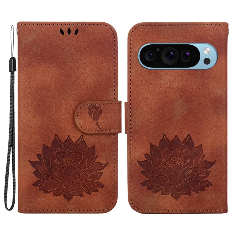 For Google Pixel 9 / 9 Pro Case Lotus Pattern Leather Phone Cover Stand View - Brown