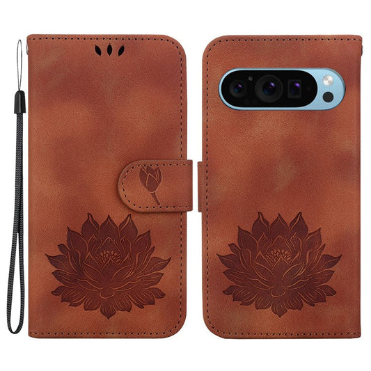 For Google Pixel 9 / 9 Pro Case Lotus Pattern Leather Phone Cover Stand View - Brown