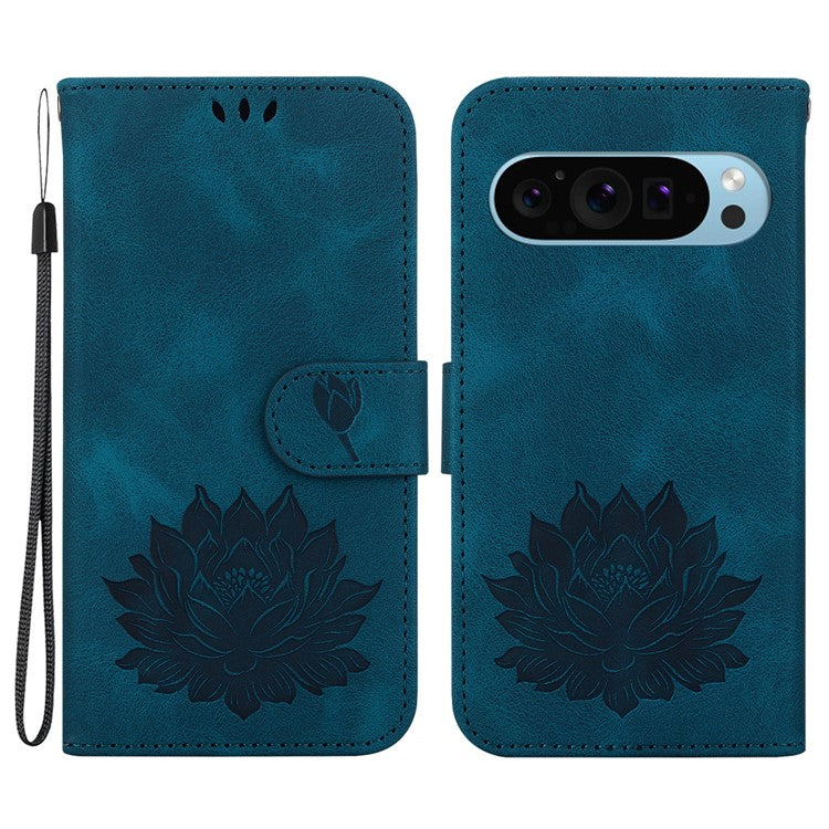 For Google Pixel 9 / 9 Pro Case Lotus Pattern Leather Phone Cover Stand View - Blue