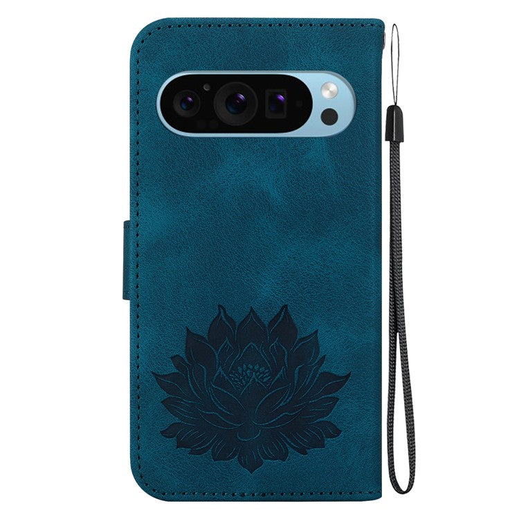 For Google Pixel 9 / 9 Pro Case Lotus Pattern Leather Phone Cover Stand View - Blue