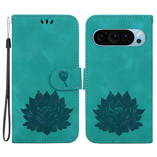 For Google Pixel 9 / 9 Pro Case Lotus Pattern Leather Phone Cover Stand View - Green