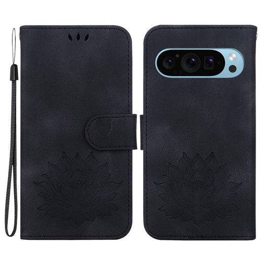 For Google Pixel 9 / 9 Pro Case Lotus Pattern Leather Phone Cover Stand View - Black