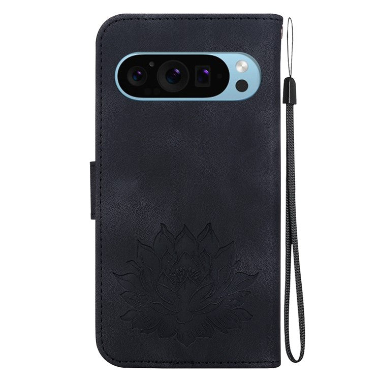 For Google Pixel 9 / 9 Pro Case Lotus Pattern Leather Phone Cover Stand View - Black