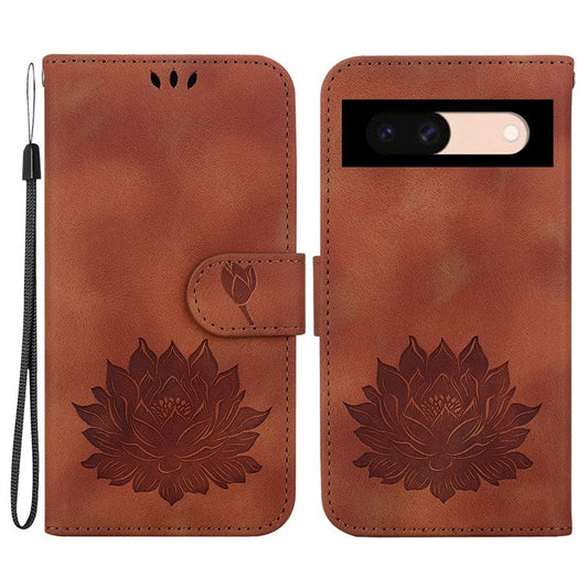 For Google Pixel 8a Case PU Leather Folio Flip Phone Cover Lotus Pattern - Brown