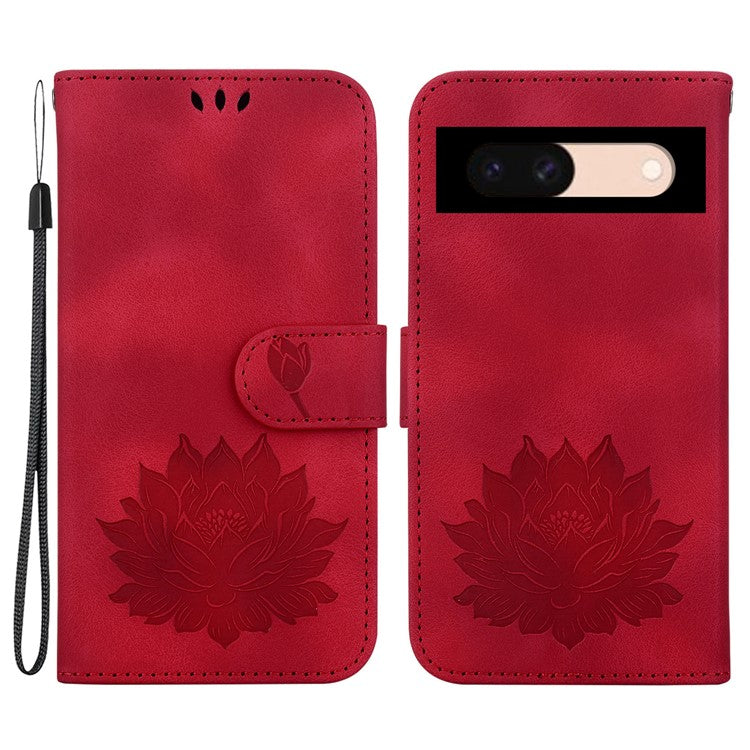 For Google Pixel 8a Case PU Leather Folio Flip Phone Cover Lotus Pattern - Red