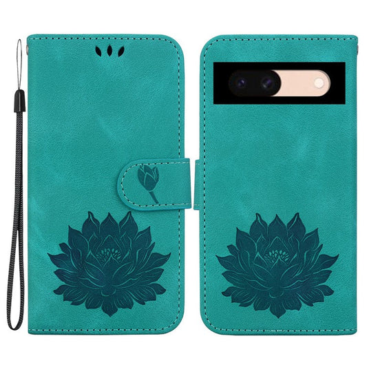 For Google Pixel 8a Case PU Leather Folio Flip Phone Cover Lotus Pattern - Green