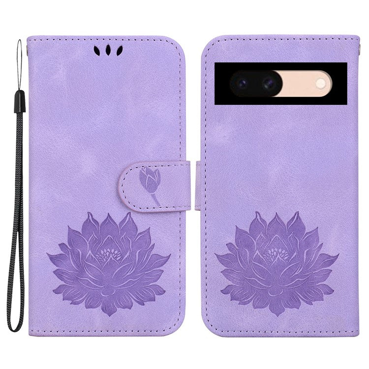 For Google Pixel 8a Case PU Leather Folio Flip Phone Cover Lotus Pattern - Purple