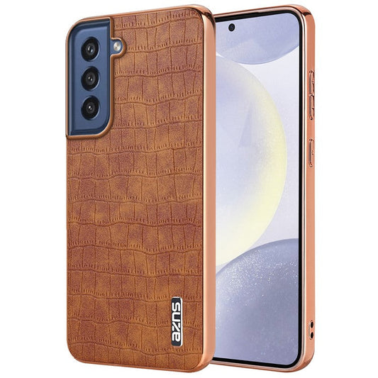 AZNS For Samsung Galaxy S21 FE 5G Case Crocodile Texture Electroplating Leather Back Phone Cover - Brown