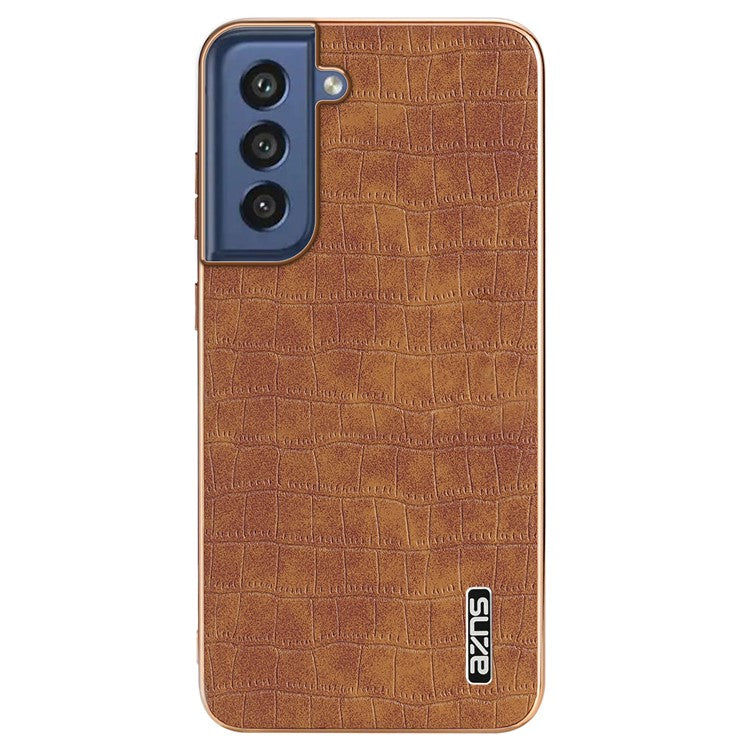 AZNS For Samsung Galaxy S21 FE 5G Case Crocodile Texture Electroplating Leather Back Phone Cover - Brown