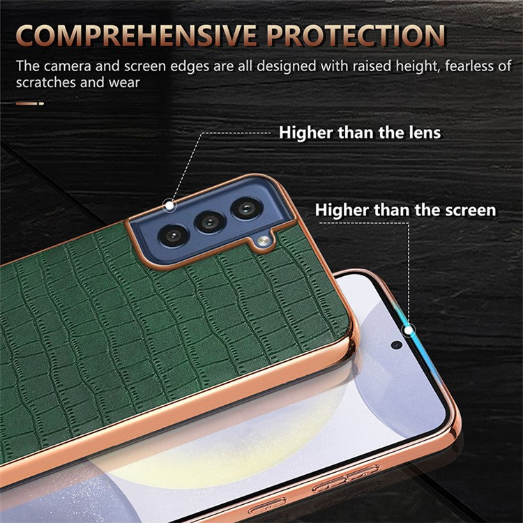 AZNS For Samsung Galaxy S21 FE 5G Case Crocodile Texture Electroplating Leather Back Phone Cover - Brown