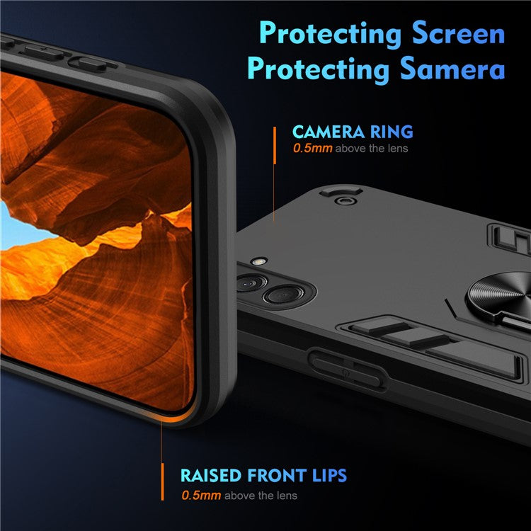For Samsung Galaxy M55 5G Case PC+TPU Phone Cover with Rotation Ring Grip - Black