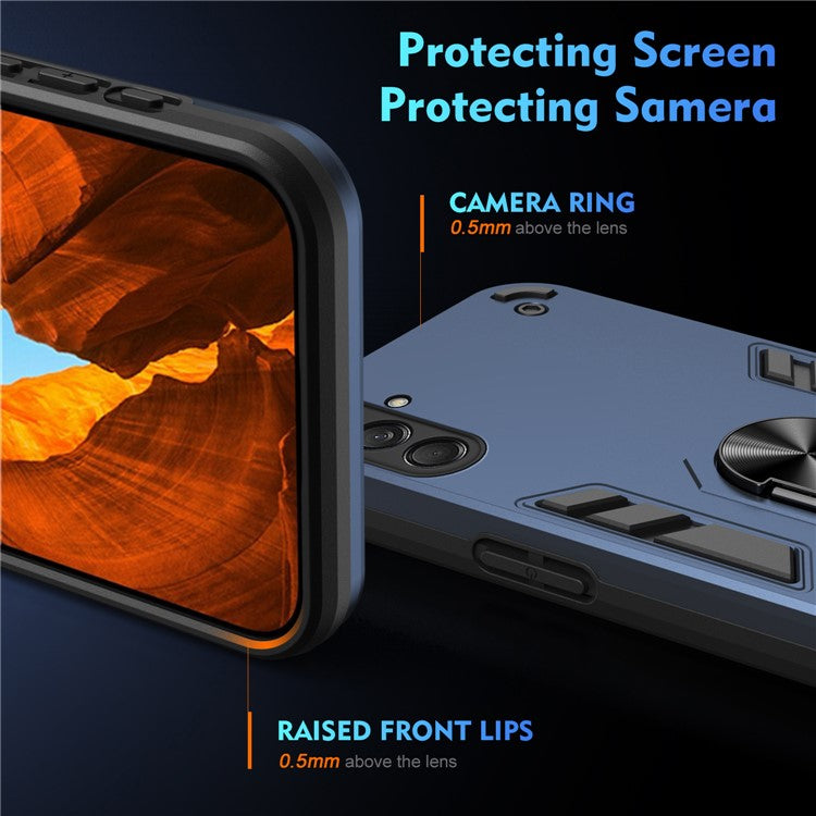 For Samsung Galaxy M55 5G Case PC+TPU Phone Cover with Rotation Ring Grip - Blue