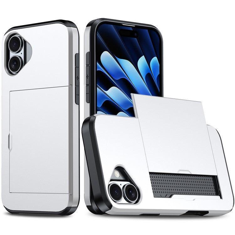 For iPhone 16 Plus Case with Card Holder TPU + PC Phone Cover Dual Layer Shockproof - Silver