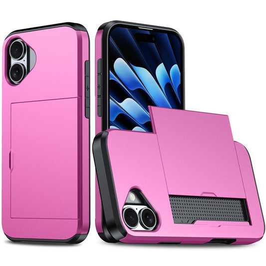 For iPhone 16 Plus Case with Card Holder TPU + PC Phone Cover Dual Layer Shockproof - Pink