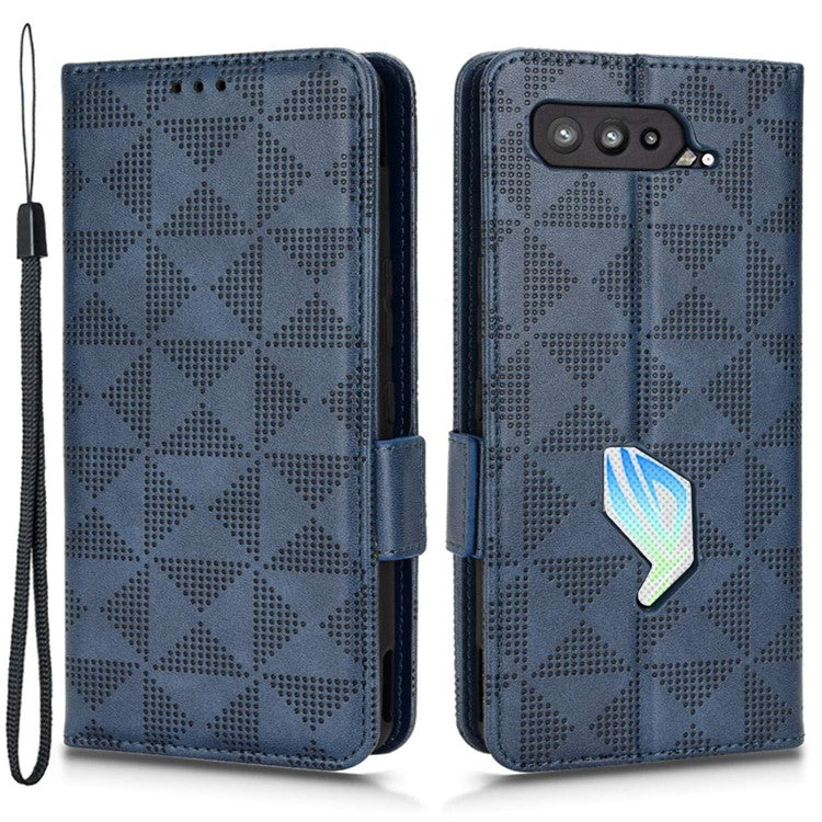 For Asus ROG Phone 5 Full Protection Triangle Pattern Imprinted Stand PU Leather Cover Flip Wallet Case with Strap - Blue