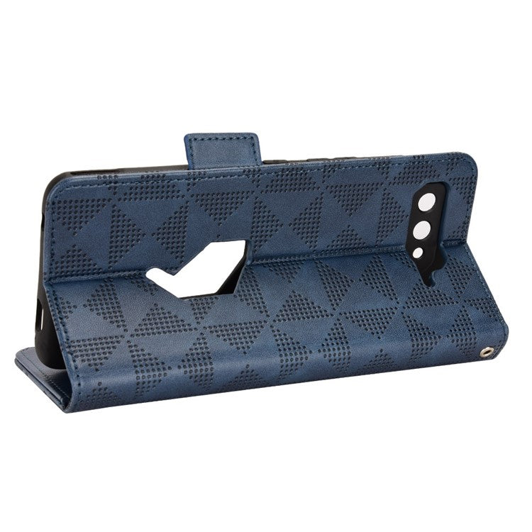 For Asus ROG Phone 5 Full Protection Triangle Pattern Imprinted Stand PU Leather Cover Flip Wallet Case with Strap - Blue