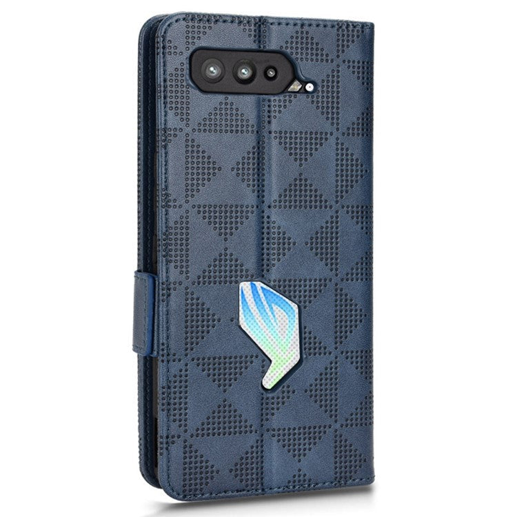 For Asus ROG Phone 5 Full Protection Triangle Pattern Imprinted Stand PU Leather Cover Flip Wallet Case with Strap - Blue