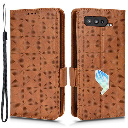 For Asus ROG Phone 5 Full Protection Triangle Pattern Imprinted Stand PU Leather Cover Flip Wallet Case with Strap - Brown