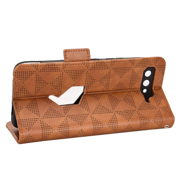 For Asus ROG Phone 5 Full Protection Triangle Pattern Imprinted Stand PU Leather Cover Flip Wallet Case with Strap - Brown