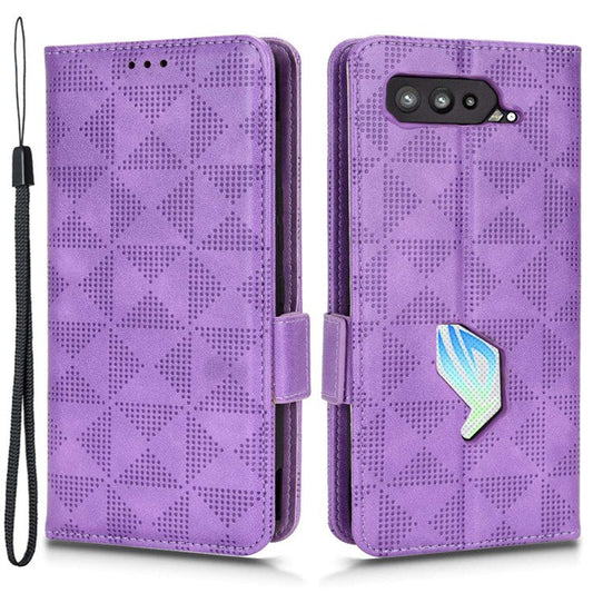 For Asus ROG Phone 5 Full Protection Triangle Pattern Imprinted Stand PU Leather Cover Flip Wallet Case with Strap - Purple