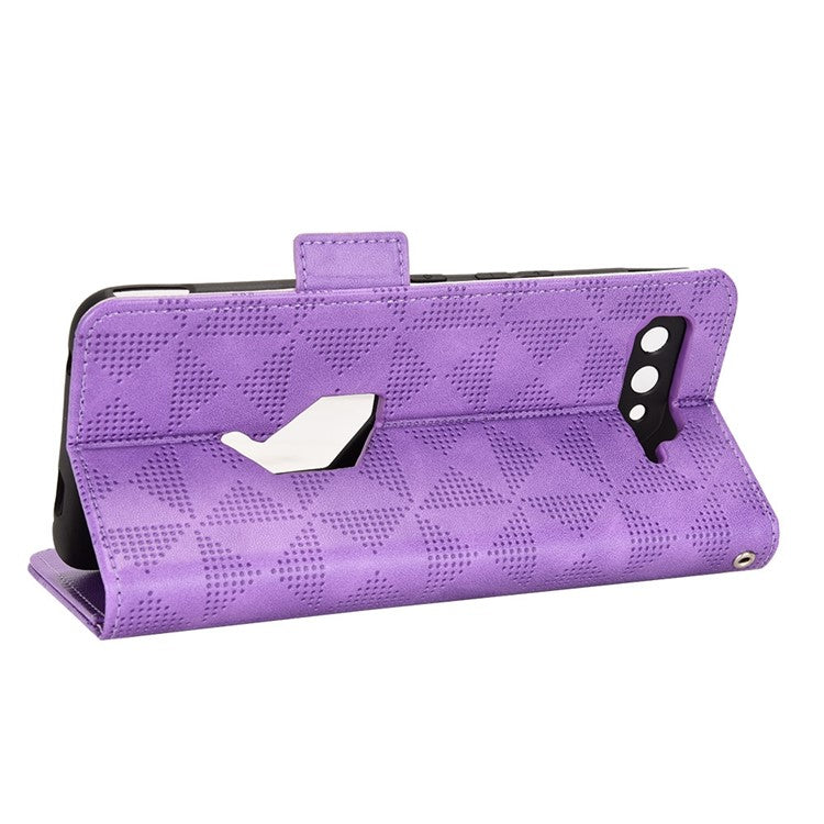 For Asus ROG Phone 5 Full Protection Triangle Pattern Imprinted Stand PU Leather Cover Flip Wallet Case with Strap - Purple