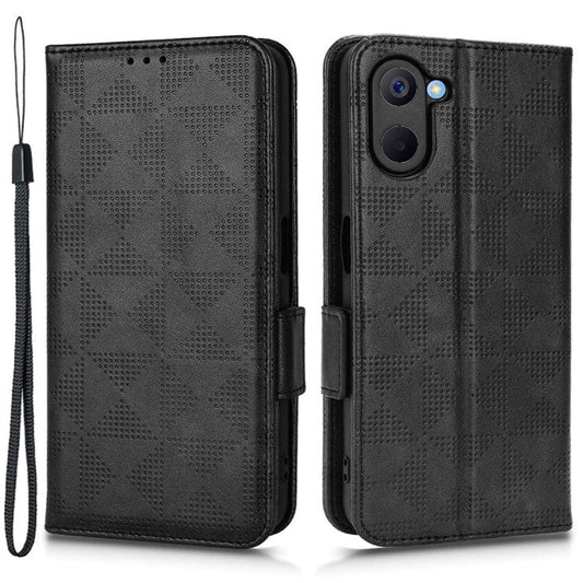 Phone Case for Realme V20 5G, Triangle Pattern Imprinted Flip Wallet Stand PU Leather Cover with Strap - Black