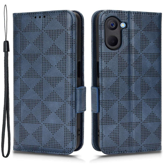Phone Case for Realme V20 5G, Triangle Pattern Imprinted Flip Wallet Stand PU Leather Cover with Strap - Blue