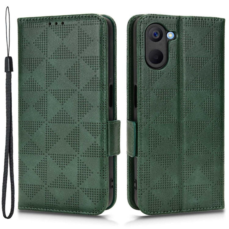 Phone Case for Realme V20 5G, Triangle Pattern Imprinted Flip Wallet Stand PU Leather Cover with Strap - Green