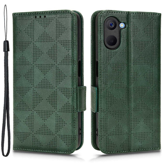 Phone Case for Realme V20 5G, Triangle Pattern Imprinted Flip Wallet Stand PU Leather Cover with Strap - Green