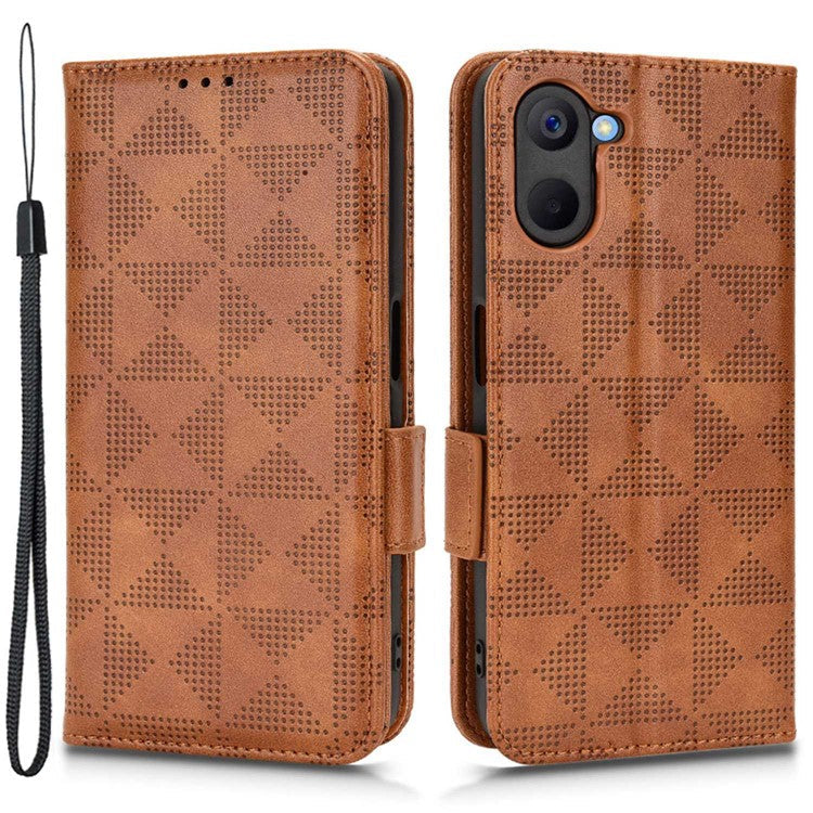 Phone Case for Realme V20 5G, Triangle Pattern Imprinted Flip Wallet Stand PU Leather Cover with Strap - Brown